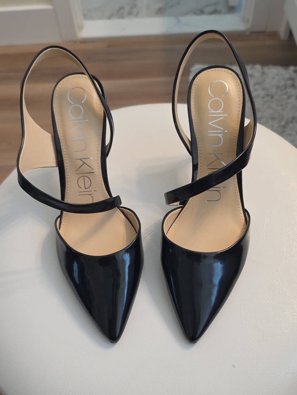 Calvin Klein Glossy Black Pointed-Toe Slingback Heels
